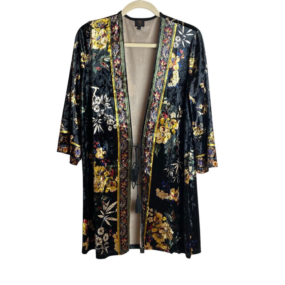 Bohemian Kimono Black Gold Floral Details 70s Hippy Vibe Large Boho Western